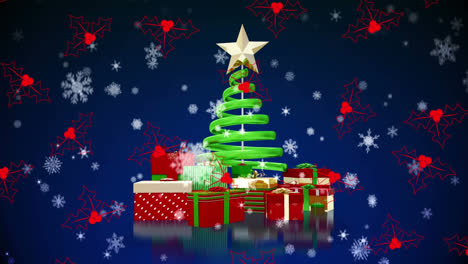 Rote-Mistelzweig-Symbole-Und-Schneeflocken-Fallen-Gegen-Weihnachtsbaum-Und-Geschenke-Vor-Blauem-Hintergrund