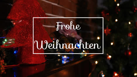 Animation-of-frohe-weihnachten-greeting-text-in-frame-over-christmas-tree-decorations