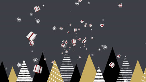 Animation-of-falling-presents-over-christmas-trees-on-grey-background