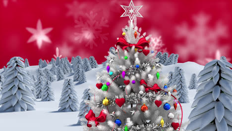 Animation-of-christmas-tree-and-snow-falling-in-winter-scenery-over-red-background