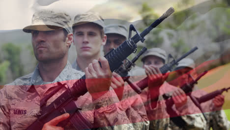 Animation-Der-Flagge-Russlands,-Die-über-Verschiedenen-Soldaten-Mit-Waffen-Weht