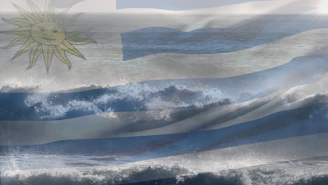 Animation-Der-Flagge-Uruguays,-Die-über-Den-Wellen-Im-Meer-Weht