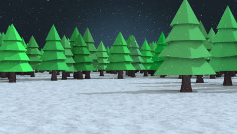 Schnee-Fällt-über-Mehrere-Bäume-Symbole-Auf-Winterlandschaft-Vor-Blauem-Hintergrund