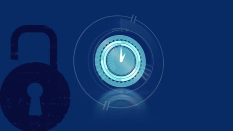 Animation-of-clock-moving-fast-over-online-security-padlock-on-blue-background
