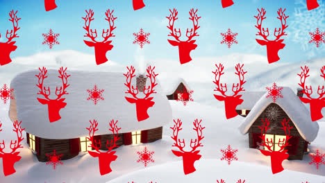 Animation-Von-Schneeflocken-Und-Rentieren-über-Häusern-In-Einer-Winterlandschaft
