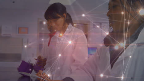 Animation-of-network-of-connections-over-diverse-female-lab-workers