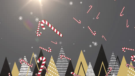 Multiple-candy-cane-icons-falling-over-multiple-christmas-tree-icons-on-grey-background
