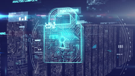 Animation-of-data-processing-and-digital-padlock-on-navy-background