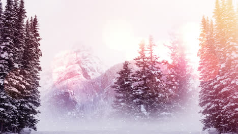 Animation-of-spots-of-light-over-snow-falling-and-winter-landscape