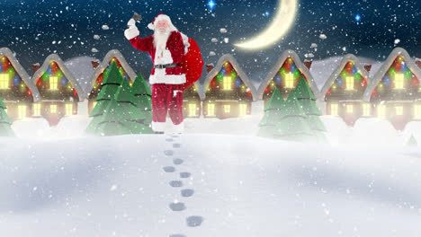 Snow-falling-over-santa-claus-holding-a-christmas-bell-standing-on-winter-landscape