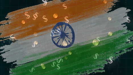 Animation-Von-Bitcoin--Und-US-Dollar-Symbolen,-Die-über-Der-Indischen-Flagge-Im-Hintergrund-Fließen