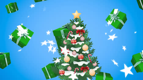 Animation-Von-Sternschnuppen-Und-Geschenken-über-Dem-Weihnachtsbaum