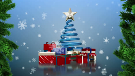 Animation-of-fir-tree-branches-over-christmas-tree-and-gifts