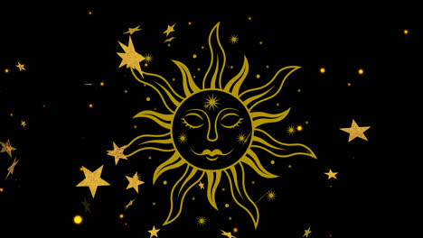 Animation-of-yellow-stars-and-spots-over-sun-on-black-background