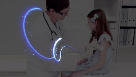 Animation-of-light-trails-over-diverse-doctor-and-patient-background