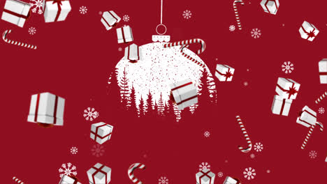 Animation-of-falling-candy-canes-and-presents-over-christmas-bauble-on-red-background