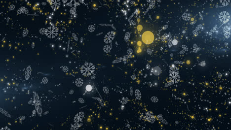 Digitale-Animation-Von-Schneeflocken,-Die-Vor-Gelben-Lichtpunkten-Auf-Blauem-Hintergrund-Fallen
