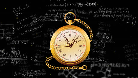 Animation-of-vintage-clock-over-mathematical-equations-on-black-background