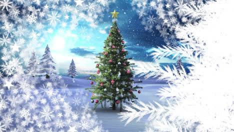 Animation-of-snow-falling-over-christmas-tree-and-winter-scenery