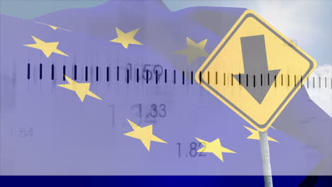 Animation-Der-Verarbeitung-Finanzieller-Daten-über-Verkehrszeichen-Und-EU-Flagge