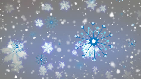 Digitale-Animation-Von-Fallendem-Schnee-Und-Mehreren-Schneeflocken-Symbolen,-Die-Auf-Blauem-Hintergrund-Schweben
