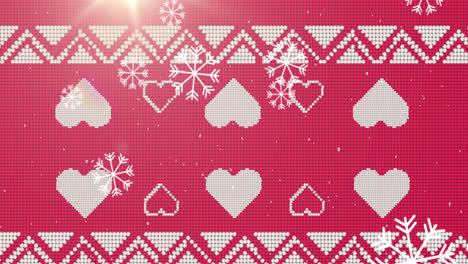 Snowflakes-falling-over-christmas-traditional-pattern-with-hearts-on-red-background