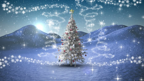 Nieve-Cayendo-Sobre-El-árbol-De-Navidad-En-El-Paisaje-Invernal-Sobre-Múltiples-Iconos-De-Estrellas