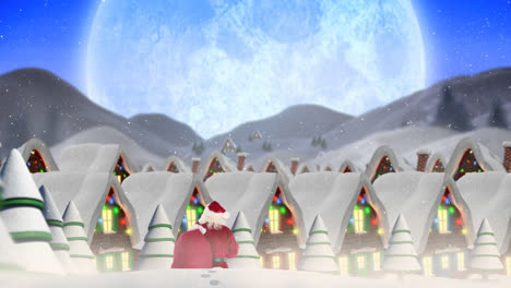 Snow-falling-over-rear-view-of-santa-claus-and-multiple-houses-and-trees-on-winter-landscape