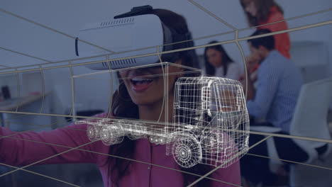 Animation-of-digital-3d-drawing-of-car-over-woman-using-vr-headset