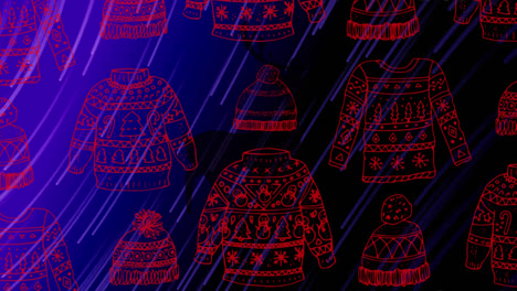 Animation-of-red-christmas-sweatshirts-and-hats-over-running-reindeer-and-falling-stars