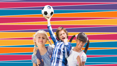 Animation-Verschiedener-Kinder-Mit-Einem-Jungen,-Der-Einen-Fußball-über-Einem-Gestreiften-Hintergrund-Hält