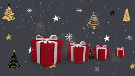 Animation-Von-Geschenken-über-Weihnachtlicher-Landschaft-Auf-Grauem-Hintergrund