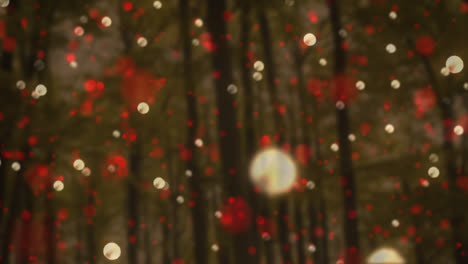 Animation-of-white-and-red-christmas-flickering-spots-over-forest-in-background