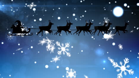 Animation-of-santa-claus-in-sleigh-with-reindeer-over-snow-falling-on-blue-background