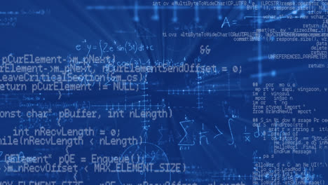 Animation-of-data-processing-and-math-formulas-on-blue-background