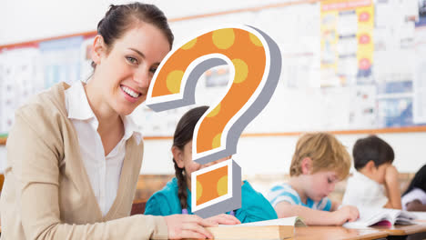 Animation-of-orange-question-mark-over-happy-female-elementary-school-teacher-and-girl-in-class
