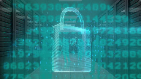 Animation-of-cyber-attack-warning-and-padlock-over-silhouettes-of-people-in-server-room
