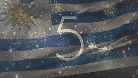 Animation-Der-Flagge-Uruguays,-Die-über-Countdown-Und-Feuerwerk-Weht