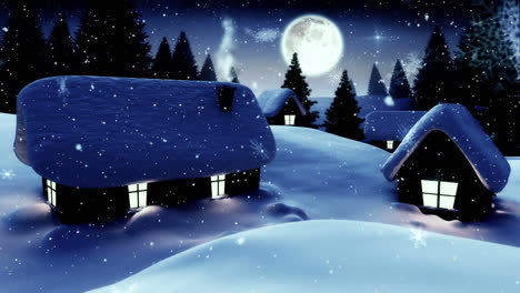 Snowflakes-falling-over-multiple-houses-and-trees-on-winter-landscape-against-moon-in-night-sky