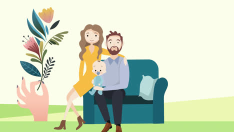 Animation-of-family-embracing-at-home-and-hand-with-flower-on-green-background