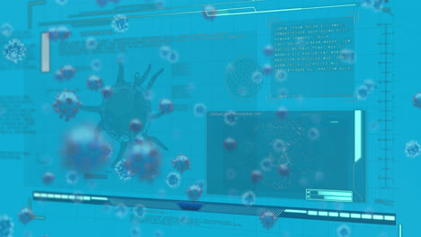 Animation-of-data-processing-and-virus-cells-on-blue-background