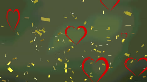 Animation-of-hearts-floating-over-confetti-on-green-background