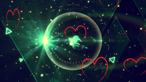 Animation-Von-Herzen,-Die-über-Lichtern-Und-Einem-Globus-Auf-Schwarzem-Hintergrund-Schweben