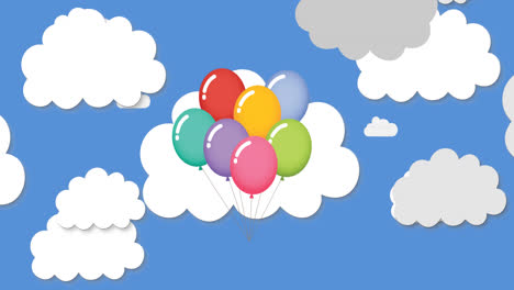 Animation-Von-Fliegenden-Ballons-über-Wolken-Auf-Blauem-Hintergrund