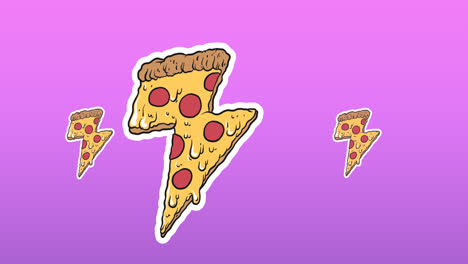 Animation-Von-Blitzförmigen-Pizza-Symbolen,-Die-Sich-Auf-Violettem-Hintergrund-Bewegen