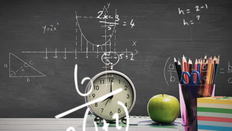 Animation-of-mathematical-equations-over-school-items-on-black-background