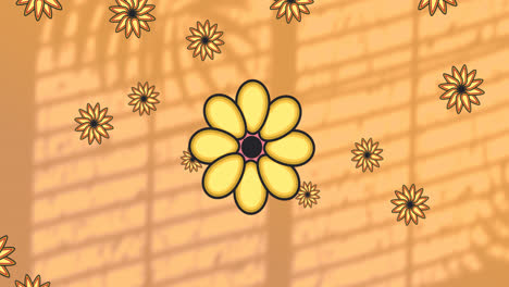 Animation-Von-Blumen-über-Blättern-Und-Fensterschatten-Auf-Orangefarbenem-Hintergrund