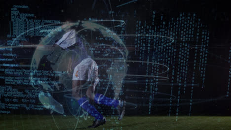 Animation-of-globe-rotating-and-data-processing-over-african-american-male-soccer-player