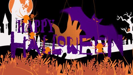 Animación-De-Feliz-Halloween,-Arañas,-Cementerio-Y-Casa-Embrujada-En-Fondo-Negro