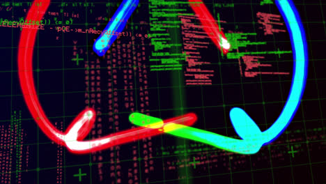 Animation-Von-Blauen-Und-Roten-Lichtern-über-Der-Datenverarbeitung-In-Grün-Und-Rot-Auf-Schwarzem-Hintergrund